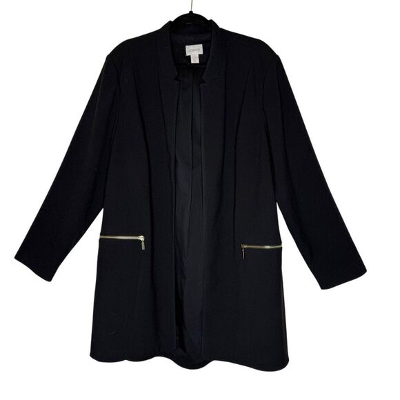 Chico’s Black Crepe Zip Pocket Open Jacket Sz 16 Elegant, Mob Wife, Minimalist - Picture 1 of 11
